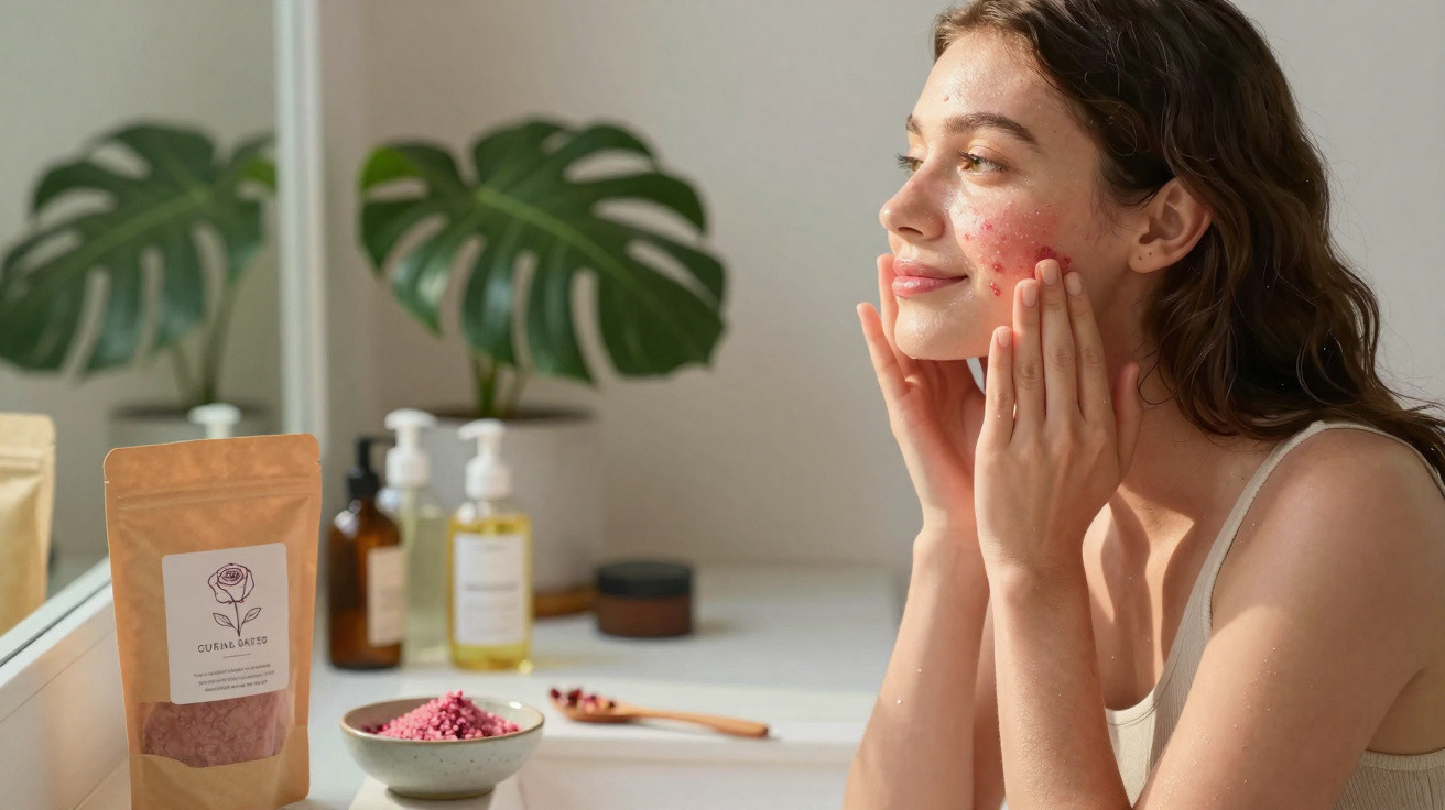 Mulher aplicando produto facial em pele com acne em banheiro claro com planta ao fundo.
