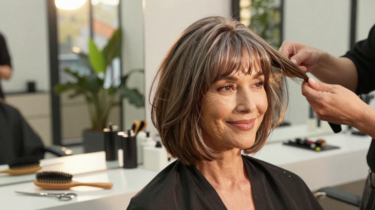 Mulher sorridente com cabelos médios castanhos sendo penteada em salão de beleza iluminado.