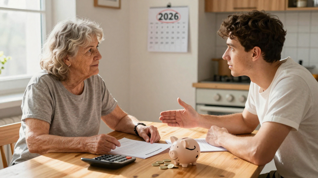 Idosa e jovem conversam sobre finanças com cofrinho, moedas, calculadora e documentos numa mesa.