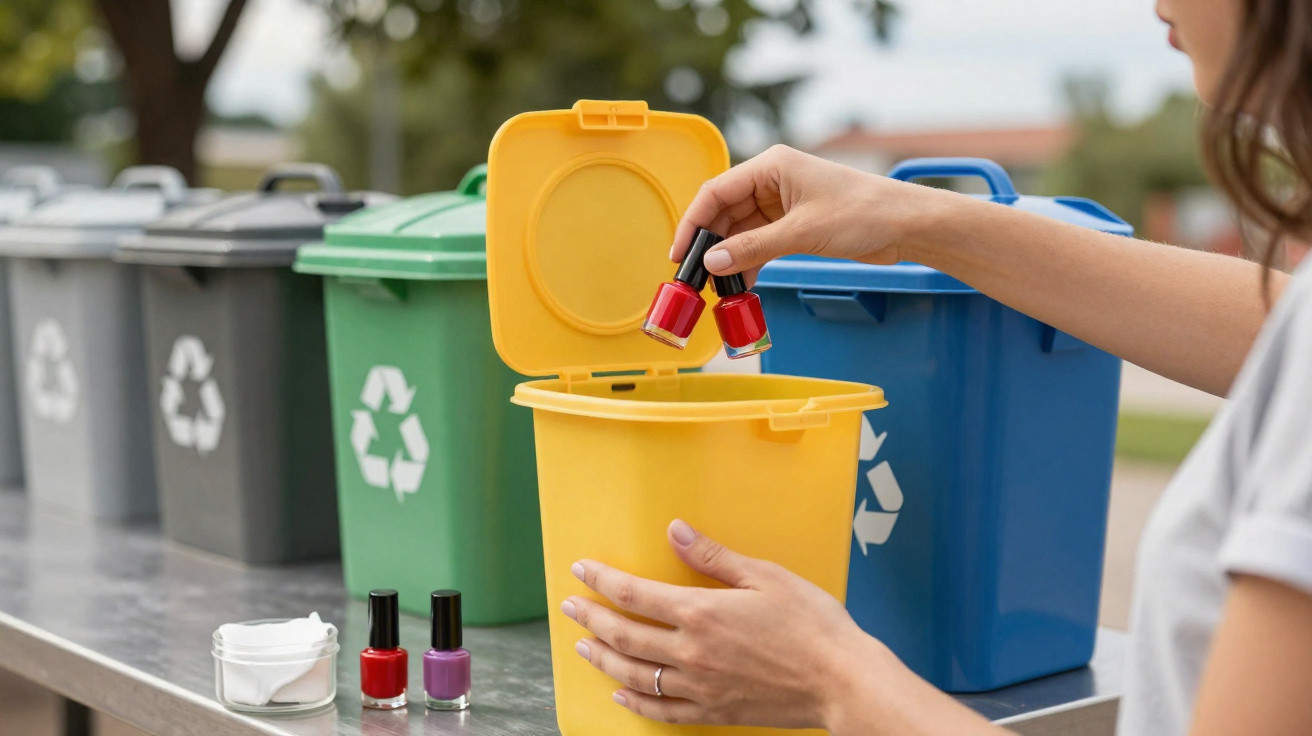 Pessoa descartando esmaltes em lixo amarelo ao lado de recipientes de reciclagem coloridos ao ar livre.