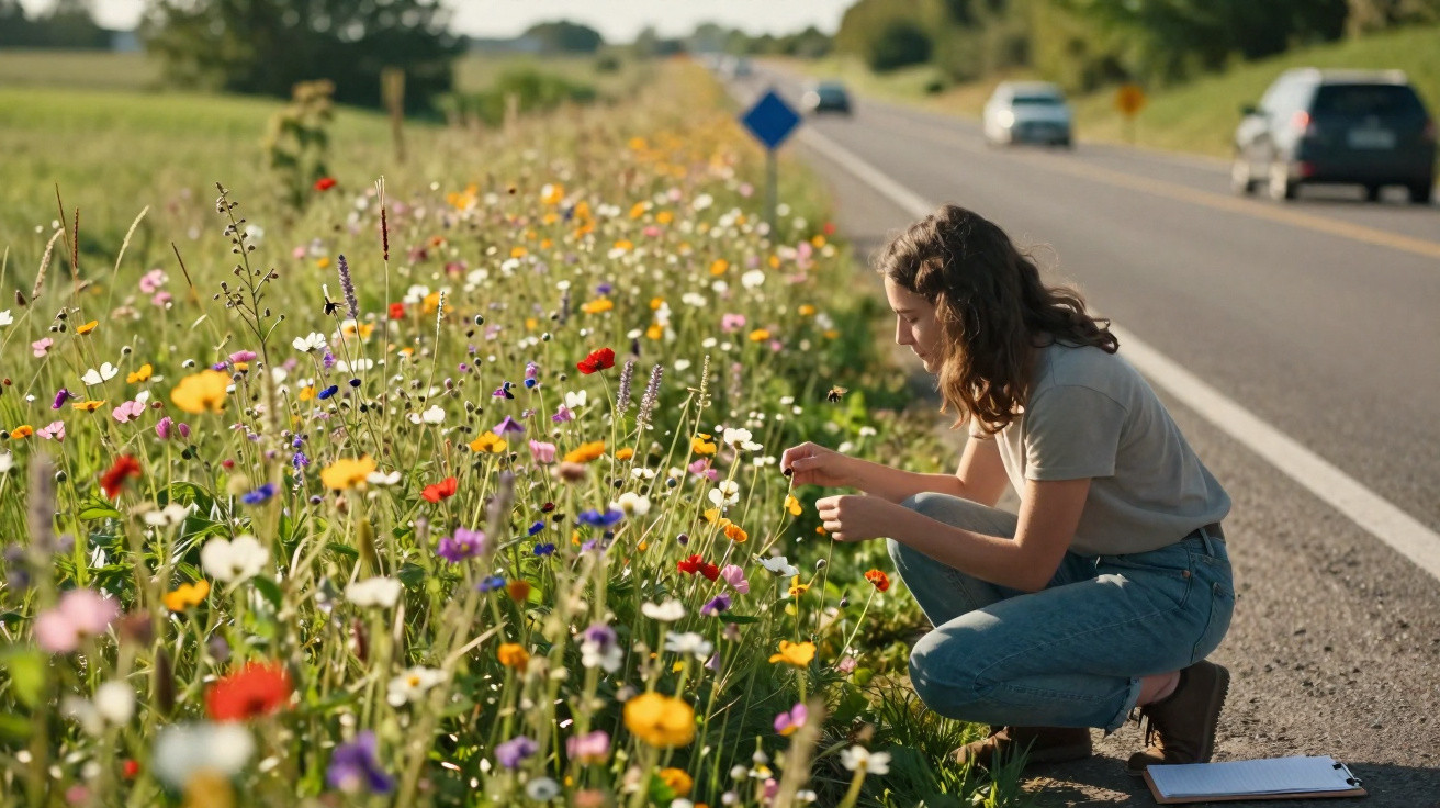 Mulher abaixada colhendo flores silvestres coloridas ao lado de estrada com carros ao fundo.