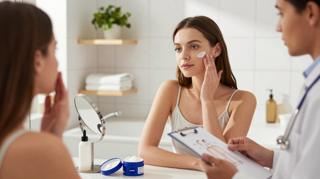 Mulher aplicando creme no rosto enquanto consulta médico dermatologista em banheiro moderno.