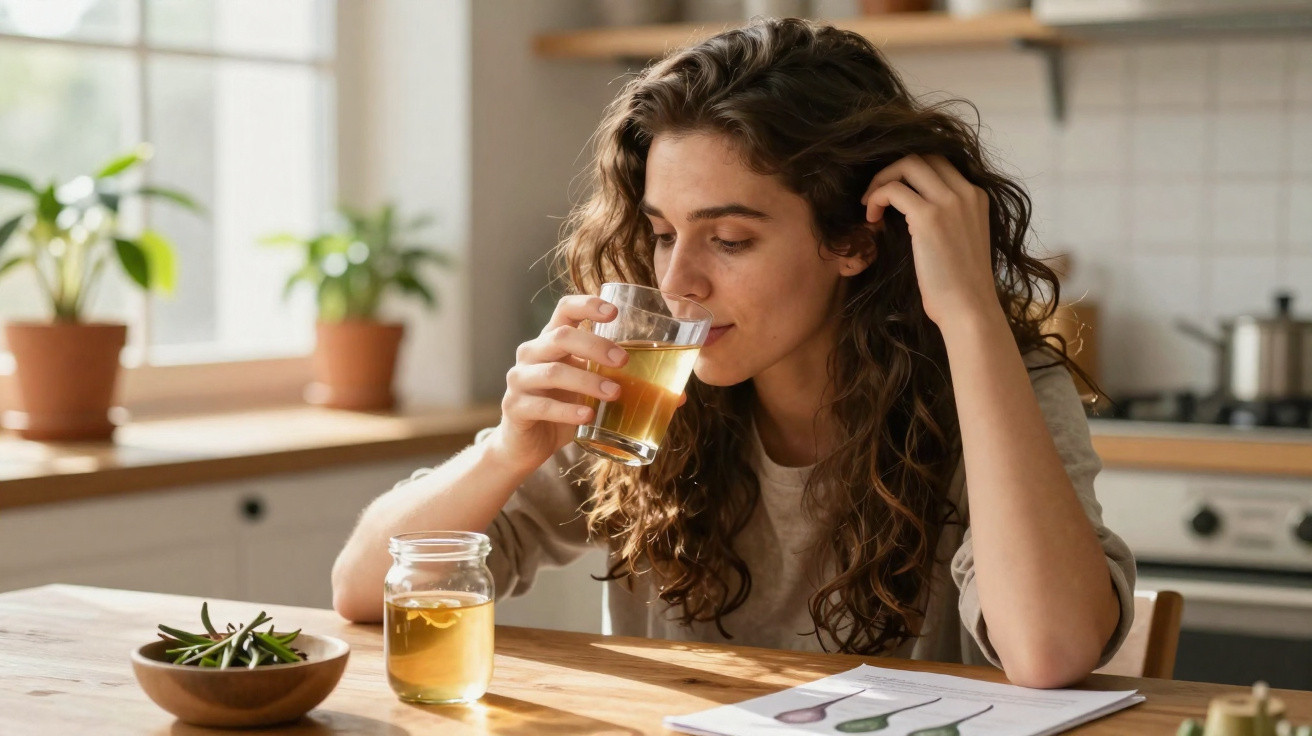 Mulher com cabelo cacheado bebe chá quente sentada à mesa de cozinha com plantas ao fundo.
