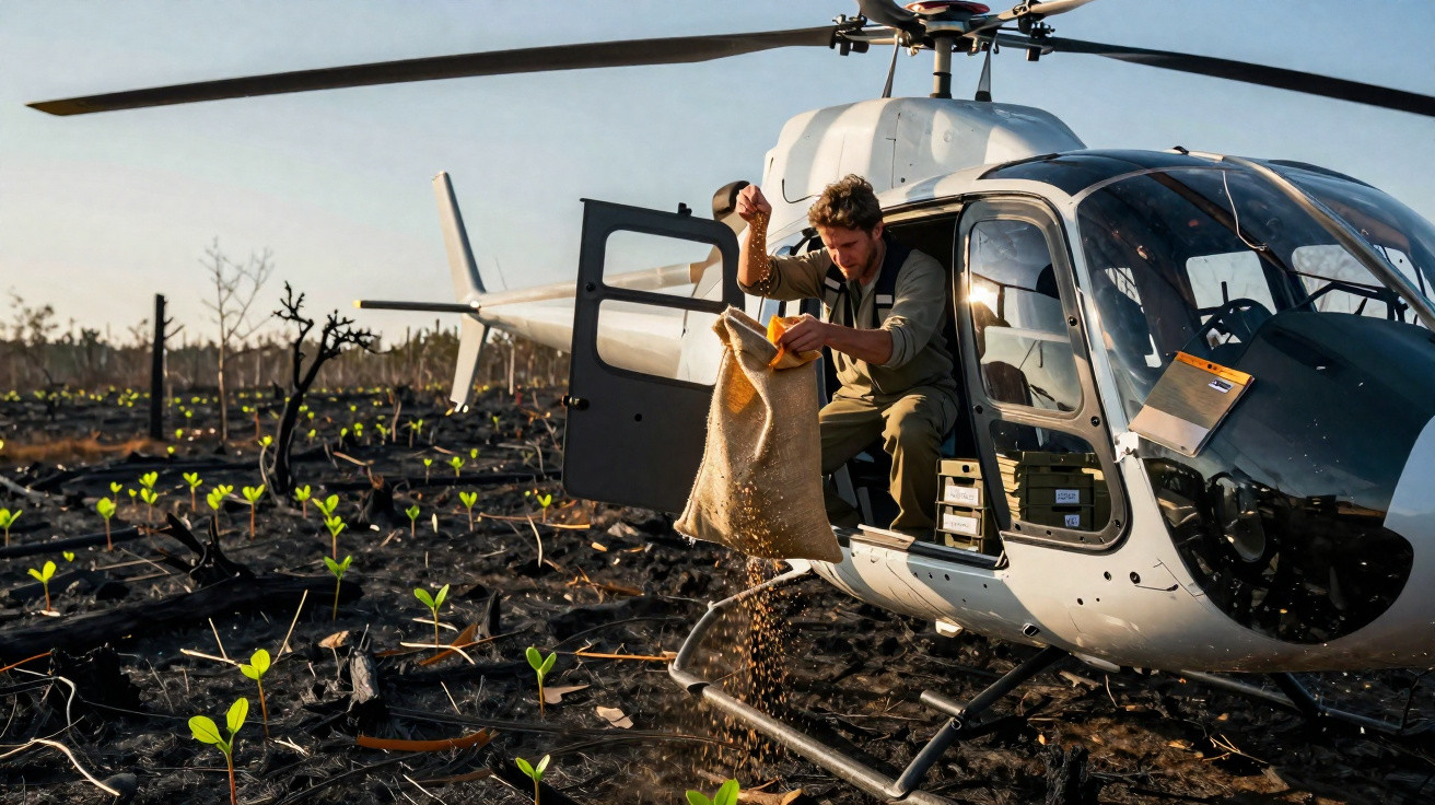 Homem despejando sementes de helicóptero sobre área queimada com pequenas plantas verdes brotando.
