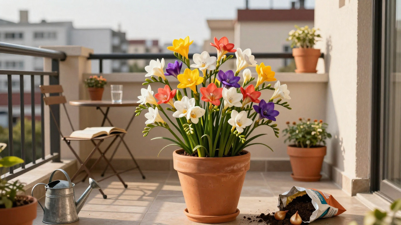 Vaso de flores coloridas em varanda ensolarada com regador, sacola de bulbos e mesa com cadeira ao fundo.