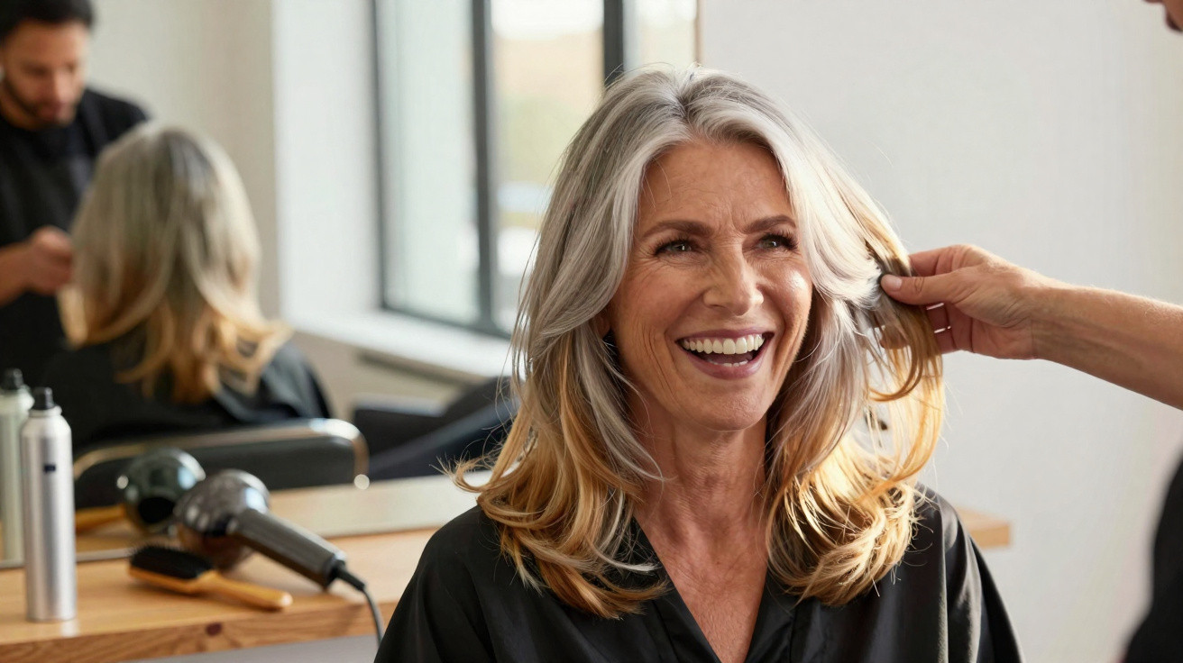 Mulher madura sorridente recebe cuidados no salão de beleza com cabeleireiro ajeitando seu cabelo.