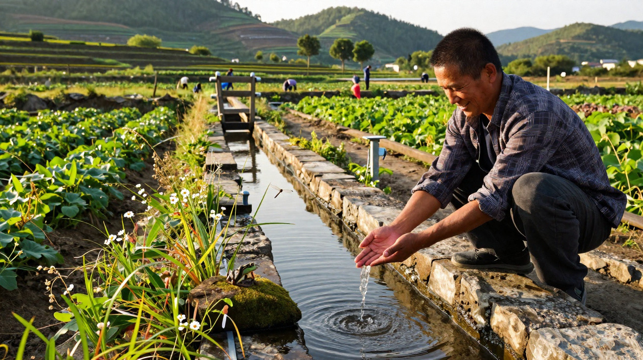 Homem agachado em campo cultivado, recolhendo água de um canal entre plantações em dia ensolarado.