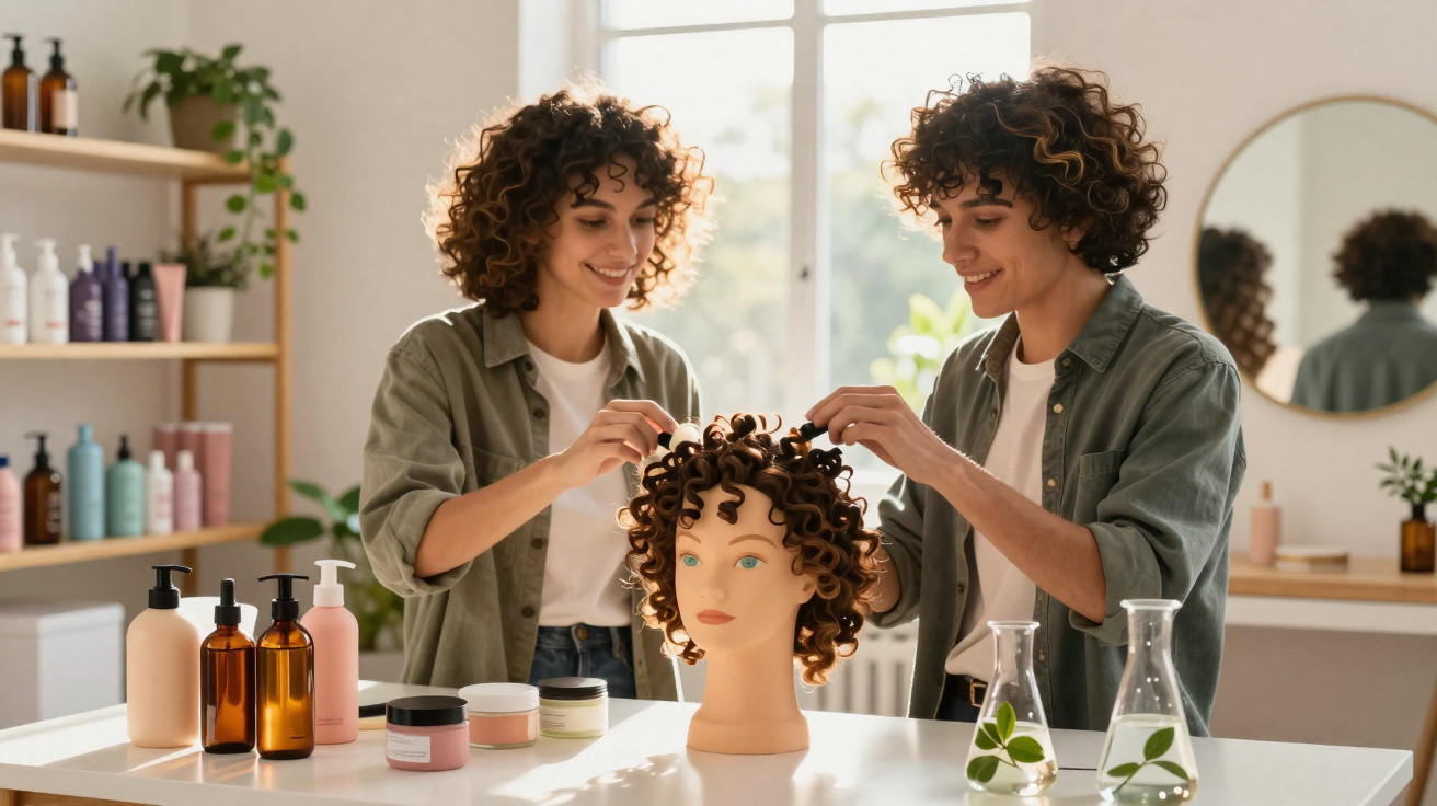 Pessoa com cabelo cacheado arrumando peruca cacheada em manequim, com produtos de beleza na mesa iluminada.