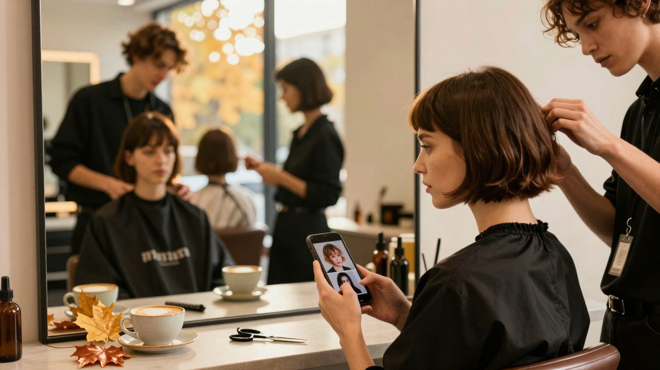 Mulher sentada em salão de beleza, segurando celular com fotos de cortes de cabelo, enquanto cabeleireiro ajusta seu cabelo.