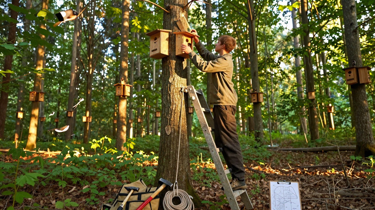 Pessoa sobe escada para instalar casa de pássaro em árvore dentro de floresta iluminada pelo sol.