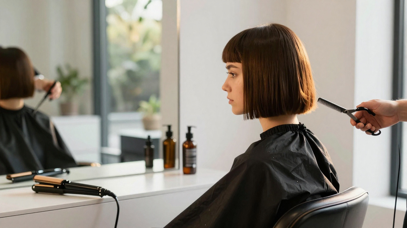 Mulher com cabelo curto sentada em salão de beleza enquanto cabeleireiro corta suas pontas.