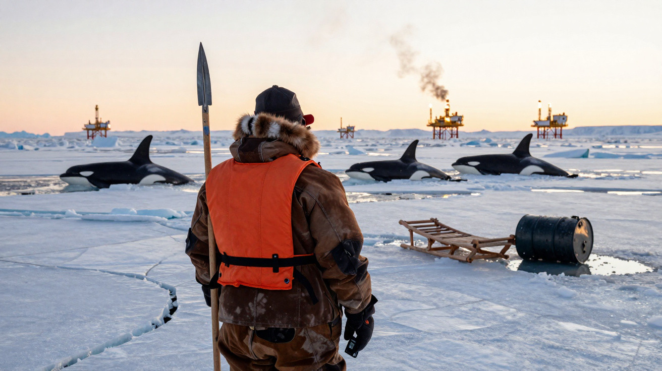Pesquisador de costas na geleira observa três orcas perto de plataformas de petróleo ao pôr do sol.