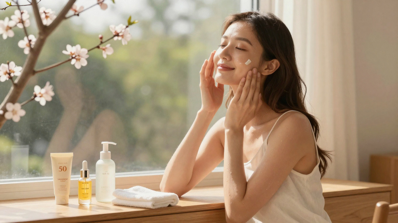 Mulher aplicando creme facial com produtos de skincare ao lado, sentada próxima a janela com luz natural.