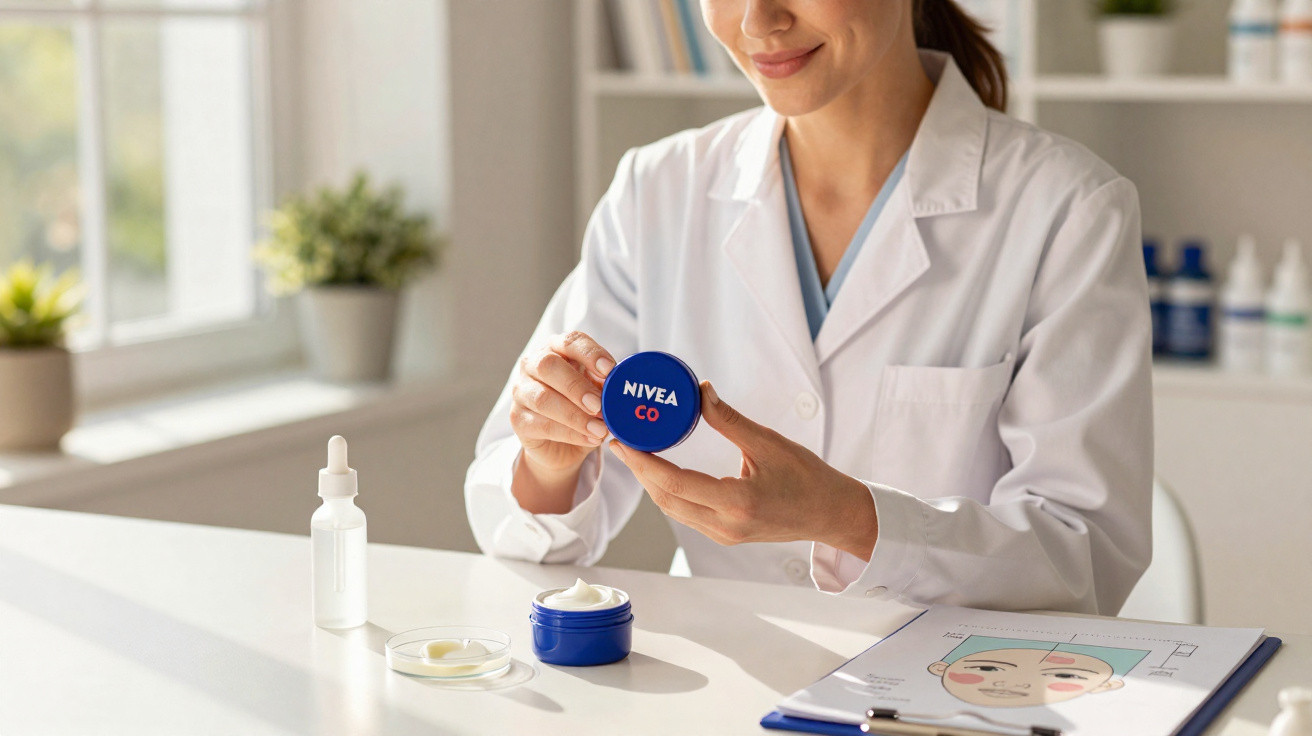 Médica segurando pote de creme Nivea azul em consultório com produtos e ilustração facial na mesa.