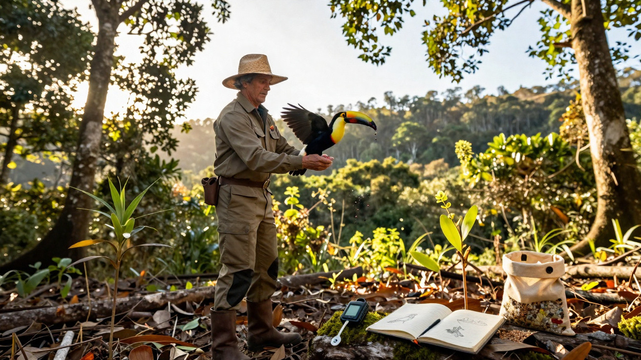 Homem em roupa de campo solta tucano em floresta com caderno aberto e bolsa no chão.