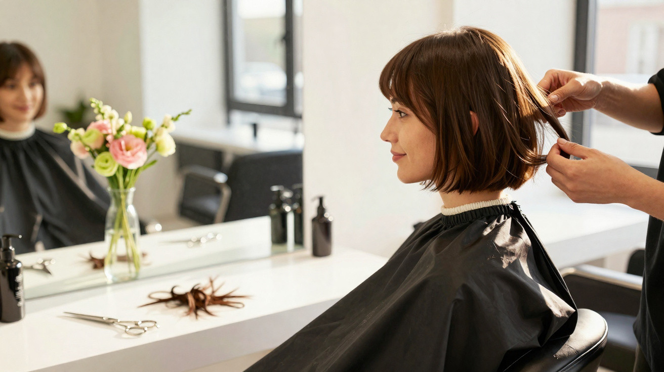 Mulher sentada em salão de beleza com capa preta, recebendo corte de cabelo, com flores e tesoura na bancada.