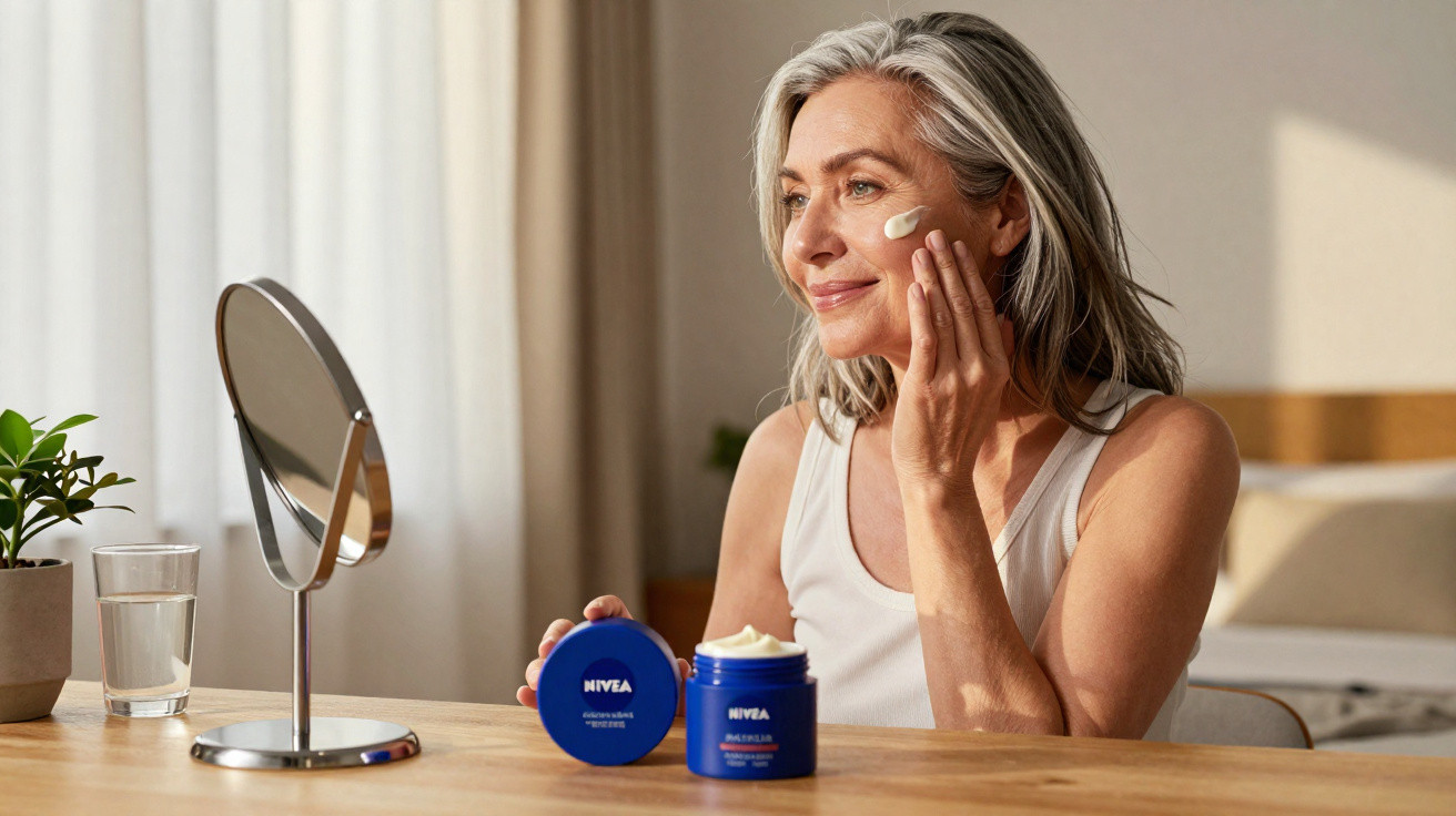 Mulher madura aplicando creme facial Nivea no rosto, sentada à mesa com espelho e planta.