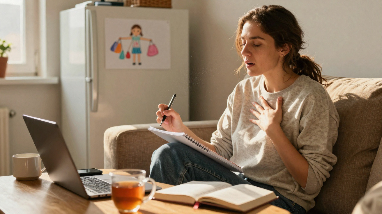 Mulher sentada no sofá escrevendo em caderno com laptop e chá sobre a mesa à sua frente.