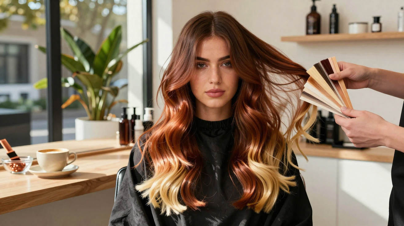 Mulher com cabelo longo ondulado e ombré ruivo loiro em salão, com profissional escolhendo cor de tinta.