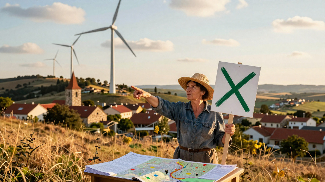 Mulher com chapéu segurando placa com X verde e apontando, ao lado de mapa, em campo com turbinas eólicas.