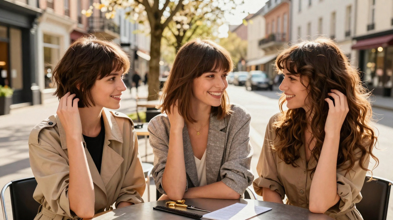 Três mulheres sorrindo e conversando em mesa de café ao ar livre em dia ensolarado na cidade.