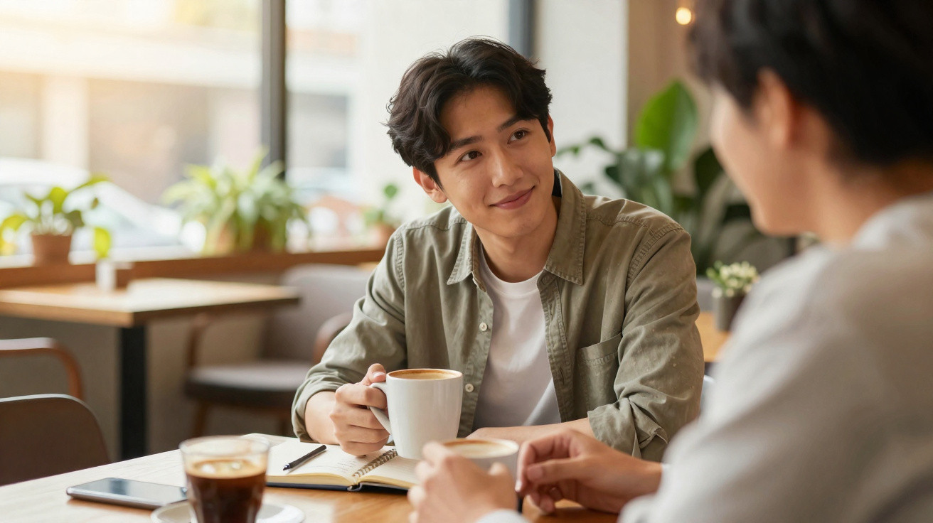 Dois homens conversando e bebendo café em uma cafeteria com janela ao fundo e plantas decorativas.
