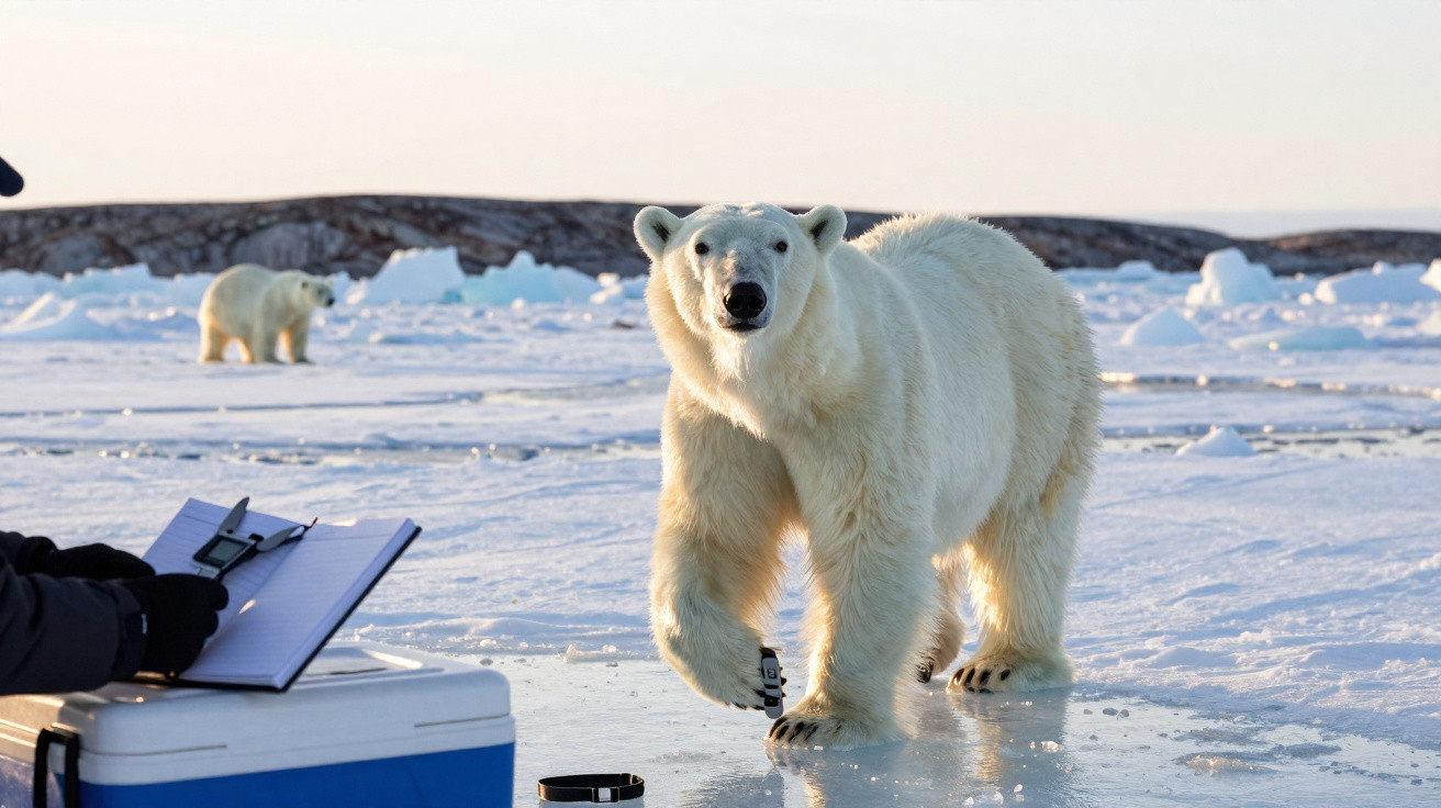 Urso polar com coleira de monitoramento andando sobre gelo próximo a pesquisador fazendo anotação em caderno.