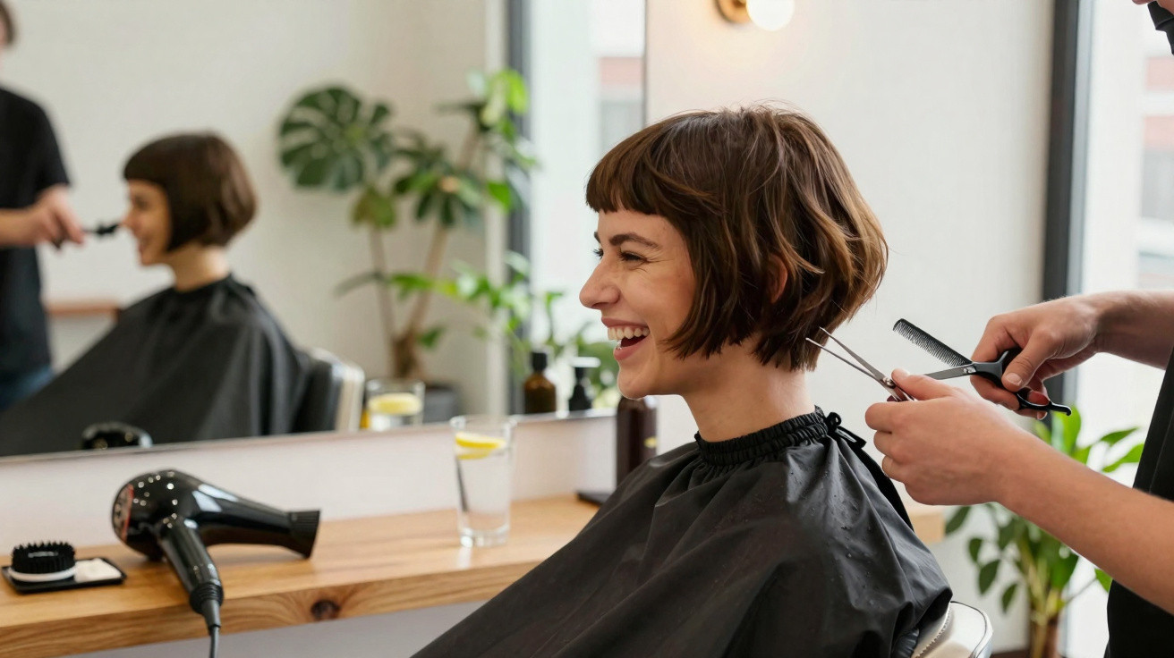 Mulher sorridente sentada em salão fazendo corte de cabelo curto com tesoura e pente.
