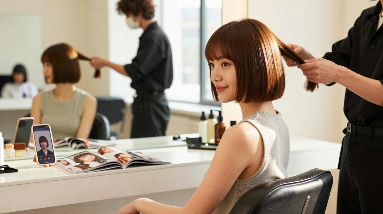 Mulher com cabelo curto sendo penteada em salão moderno com espelho, revista e celular com foto dela.