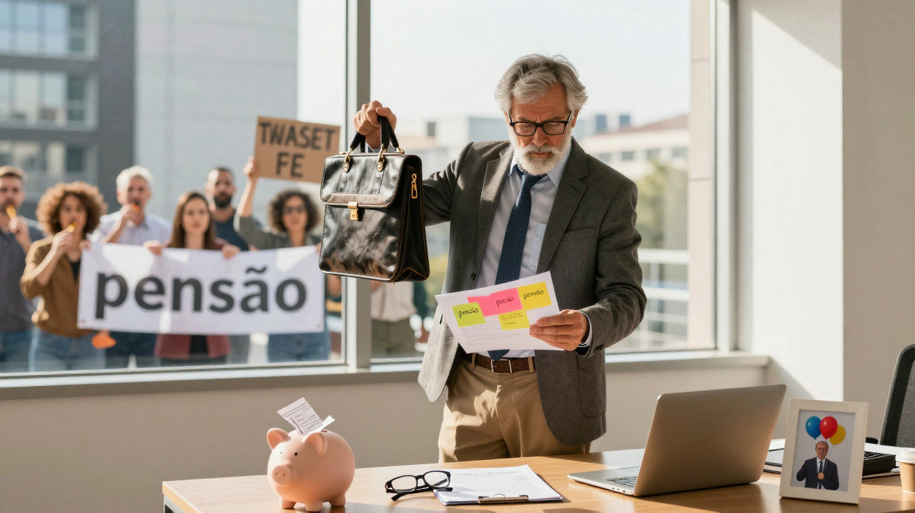 Homem de terno segurando pasta e carta, com grupo ao fundo segurando cartaz escrito "pensão".