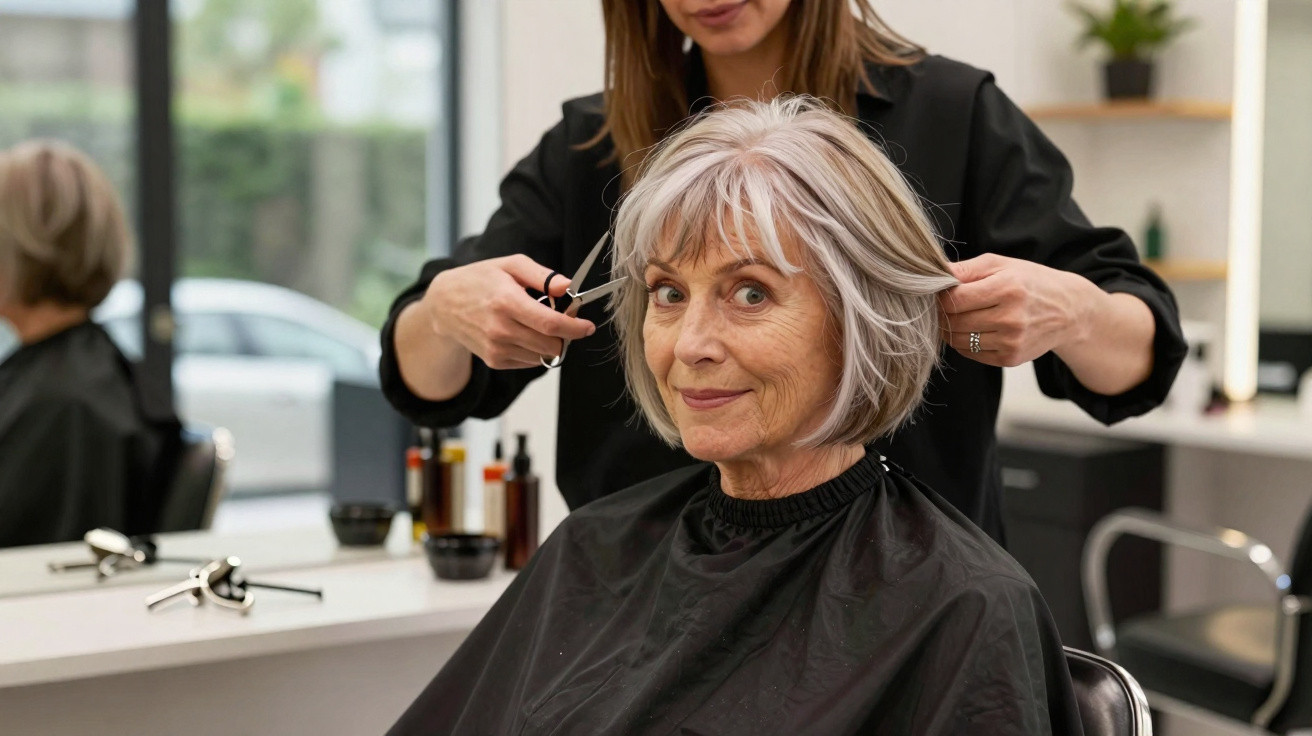 Mulher idosa sorrindo enquanto cabeleireira corta seu cabelo curto e grisalho em salão moderno.
