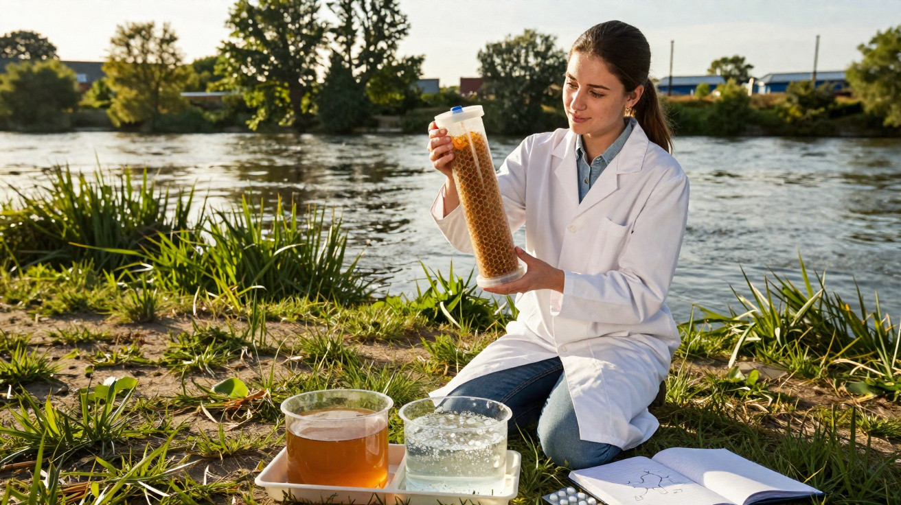 Mulher cientista analisa amostras de água em tubos próximo a rio em área verde com caderno aberto ao lado.