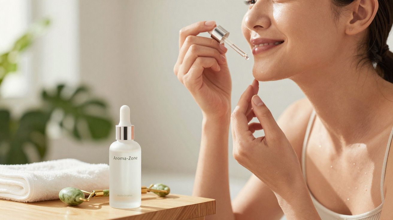 Mulher aplicando sérum facial com conta-gotas, ao lado toalha e rolo de jade sobre mesa de madeira.
