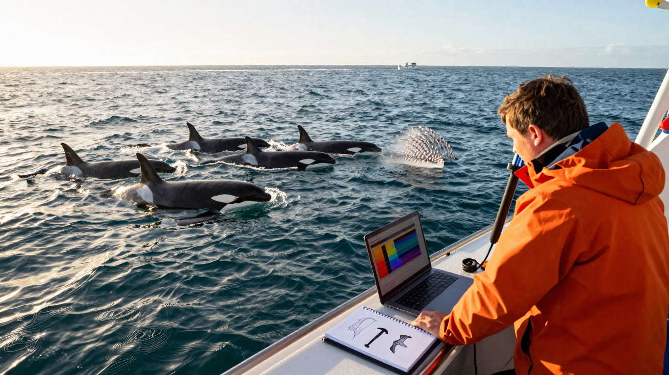 Pesquisador em barco monitora ecossistema marinho com orcas nadando próximas ao barco no mar.