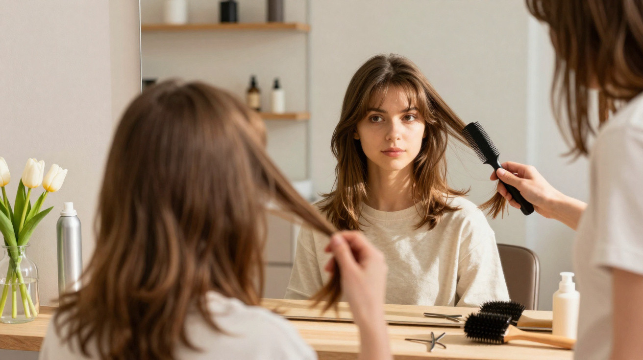 Mulher jovem sentada em salão de beleza olhando o espelho enquanto profissional penteia seu cabelo.