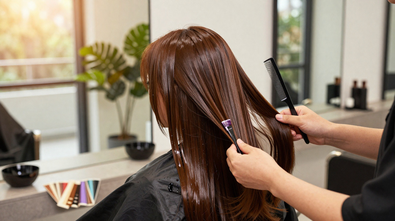 Pessoa com cabelo longo sendo penteada e tratada em salão de beleza.