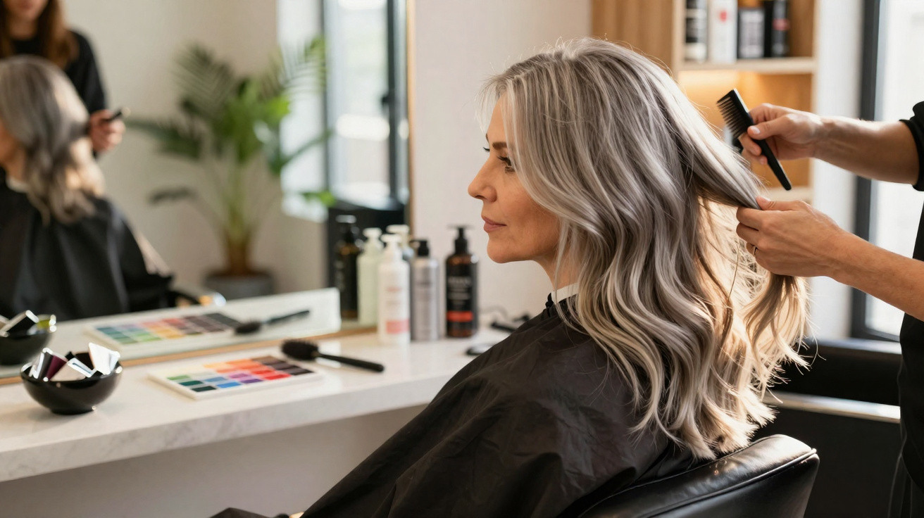 Mulher loira com cabelo ondulado sendo penteada por cabeleireiro em salão de beleza moderno.