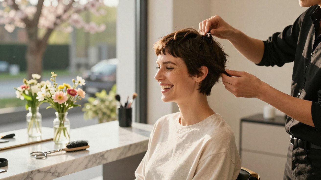 Mulher sorridente recebendo penteado curto em salão com flores na mesa próxima à janela.