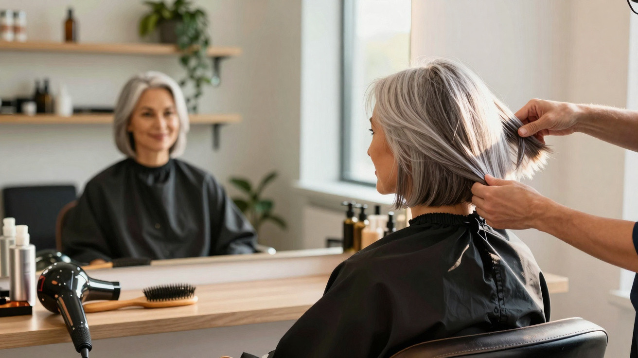 Mulher madura com cabelo grisalho curto sendo atendida em salão de beleza, olhando o reflexo no espelho.