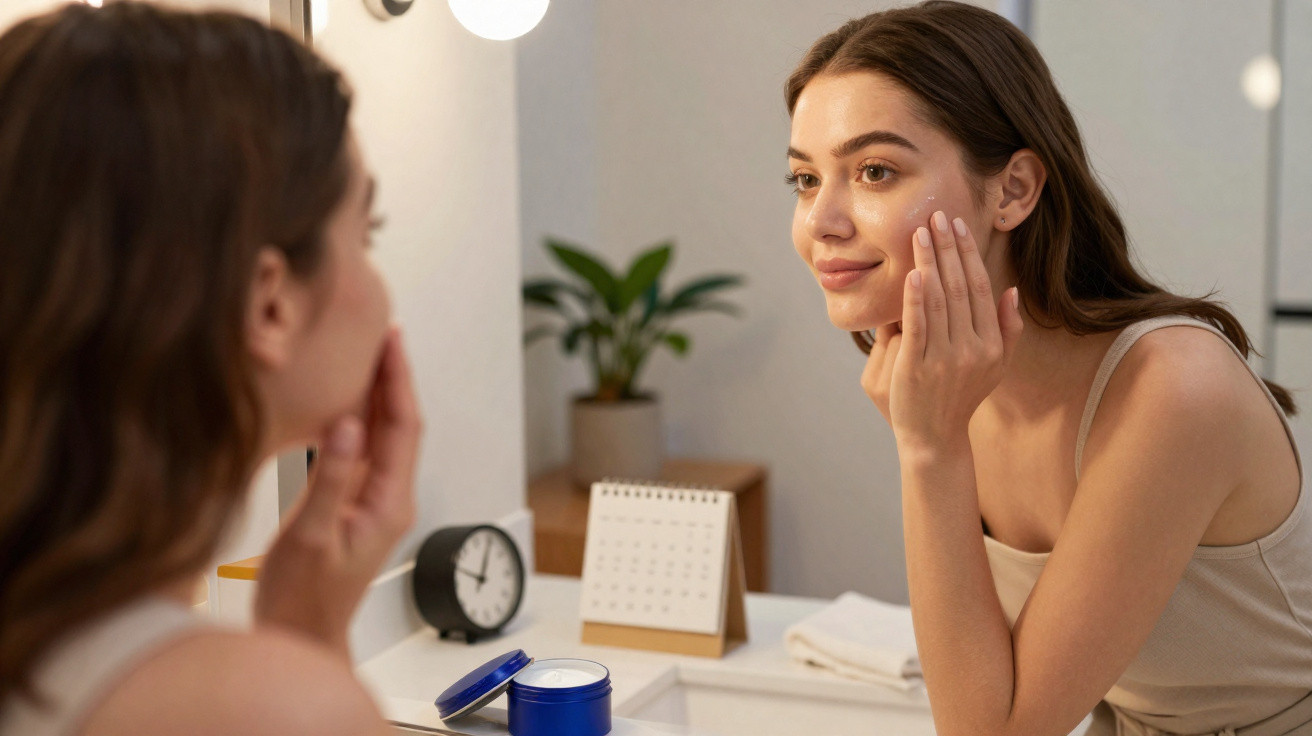 Mulher aplicando creme facial se olhando no espelho em banheiro iluminado.