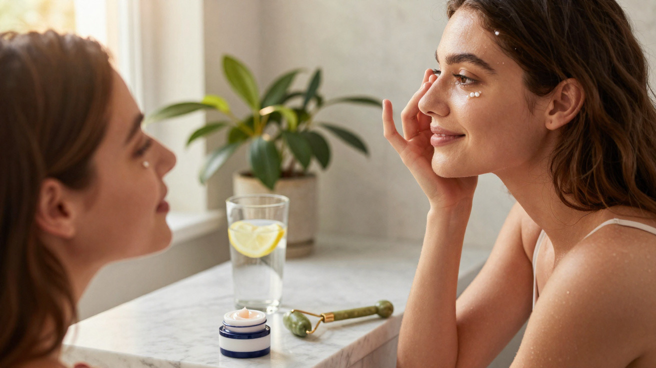 Mulher aplicando creme facial enquanto se olha no espelho em ambiente iluminado e tranquilo.