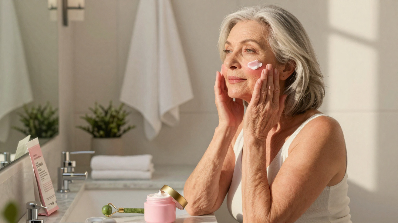 Mulher idosa aplicando creme facial dentro de banheiro iluminado e organizado.