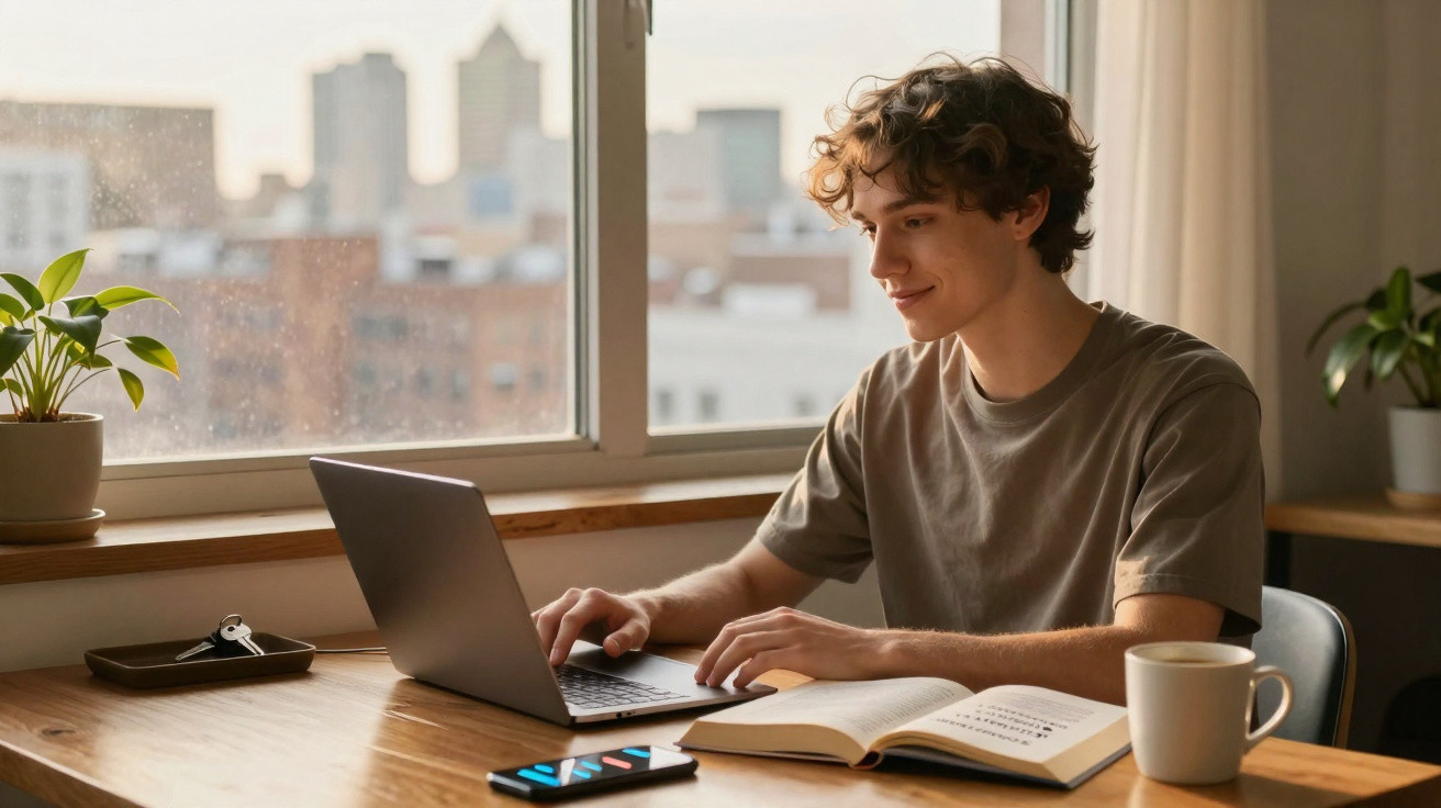 Jovem sorridente usando laptop, sentado à mesa com livro aberto, celular, caneca e planta ao lado.