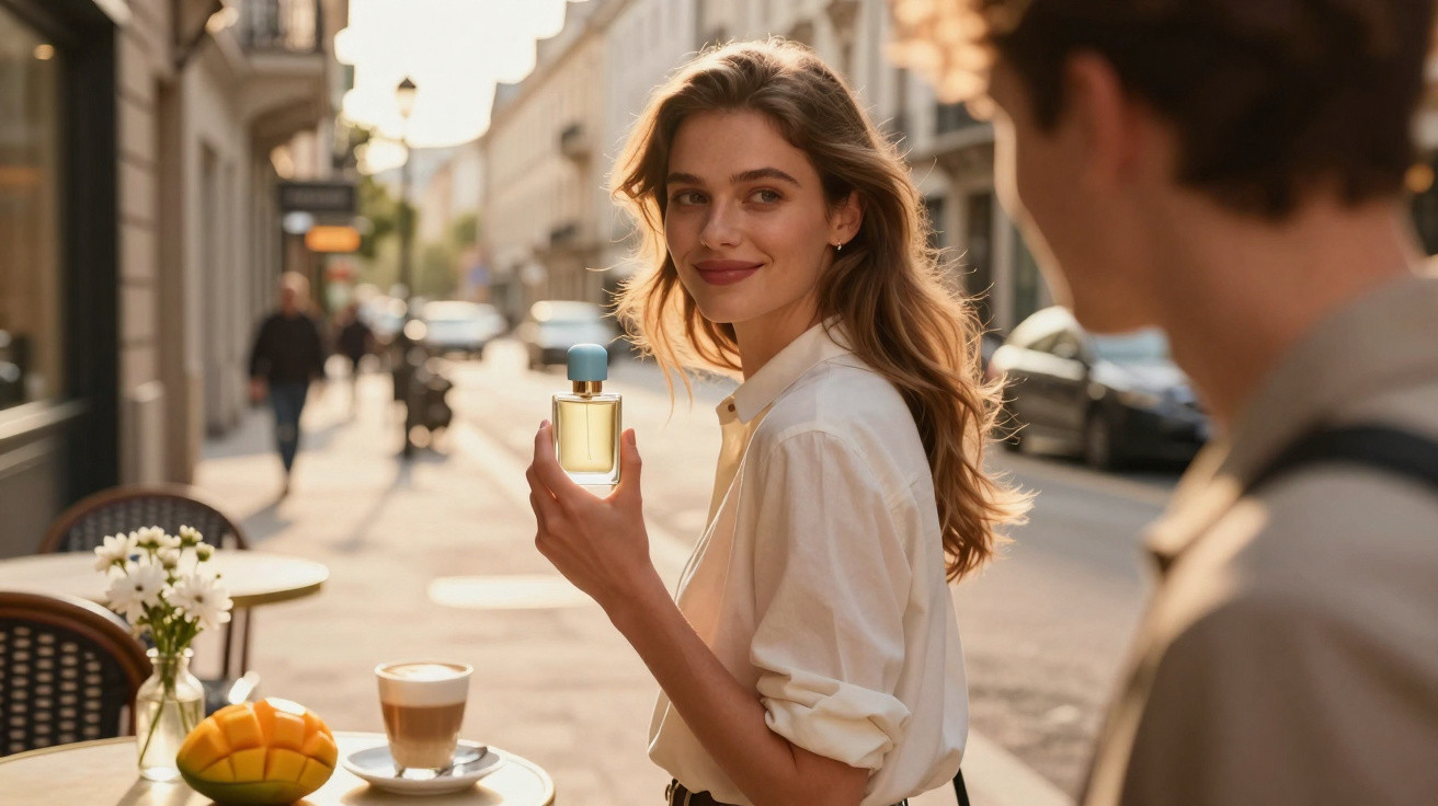 Mulher sorridente mostrando perfume em rua ensolarada enquanto homem observa, mesa com café e manga ao fundo.