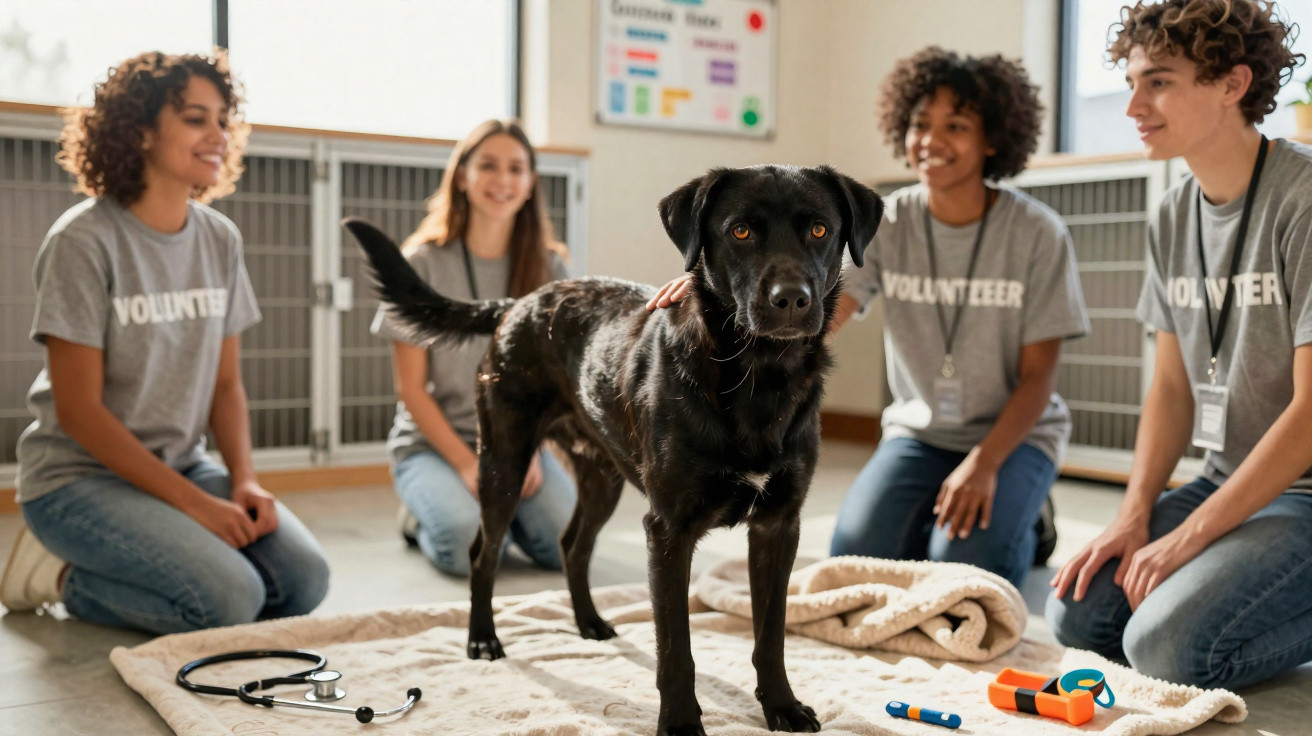 Cachorro preto em centro de adoção com quatro voluntários ao fundo sorrindo e interagindo.