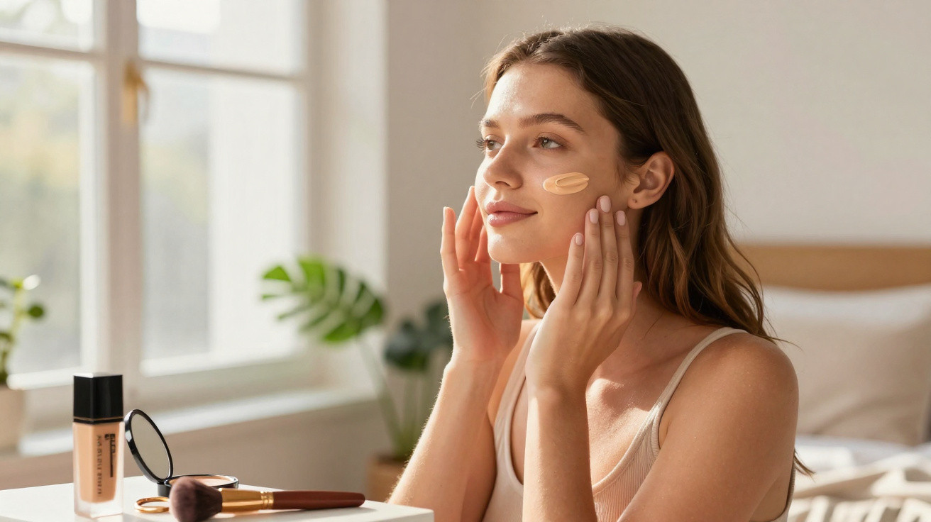 Mulher aplicando base facial com as mãos em ambiente iluminado e com maquiagem sobre mesa.