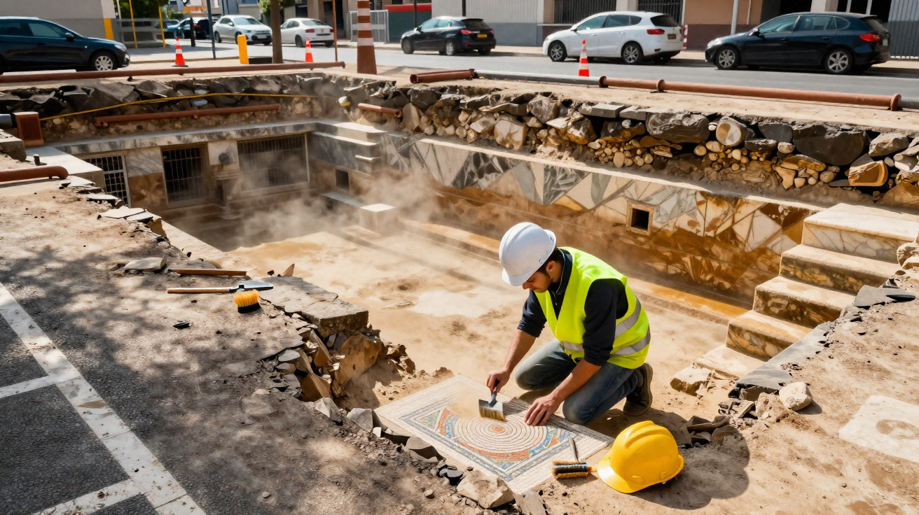 Arqueólogo escavando e limpando mosaico colorido em sítio arqueológico urbano aberto.