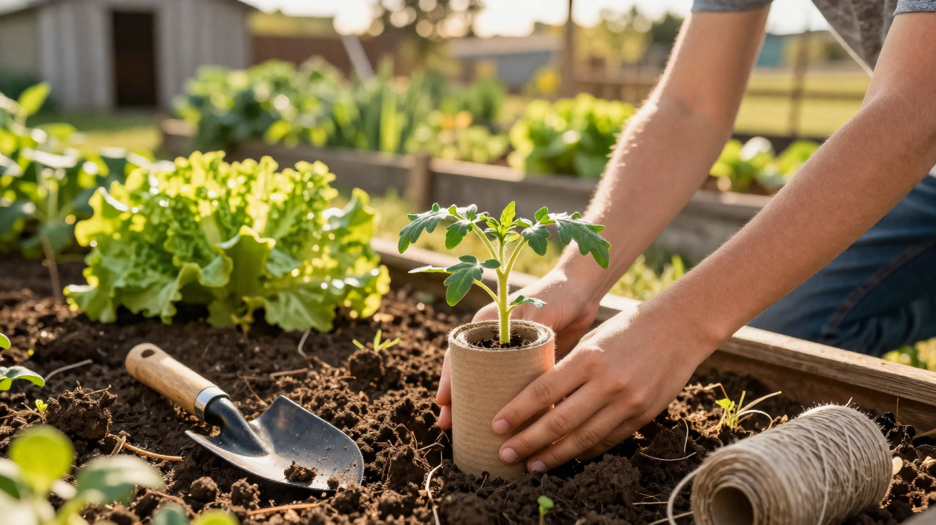 Pessoa plantando muda de tomate em canteiro de terra com jardineira, pá e rolo de barbante ao lado.