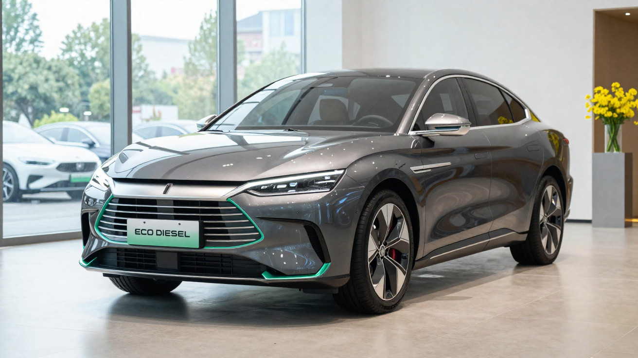 Carro cinza Eco Diesel em exposição interna com design moderno e acabamento brilhante.