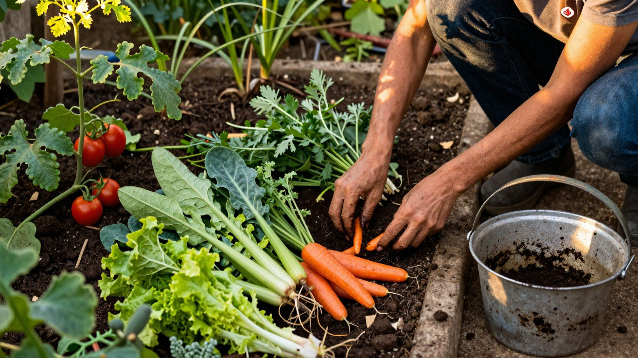 Pessoa colhendo cenouras em horta com tomates, alface e outros vegetais ao lado de balde metálico.